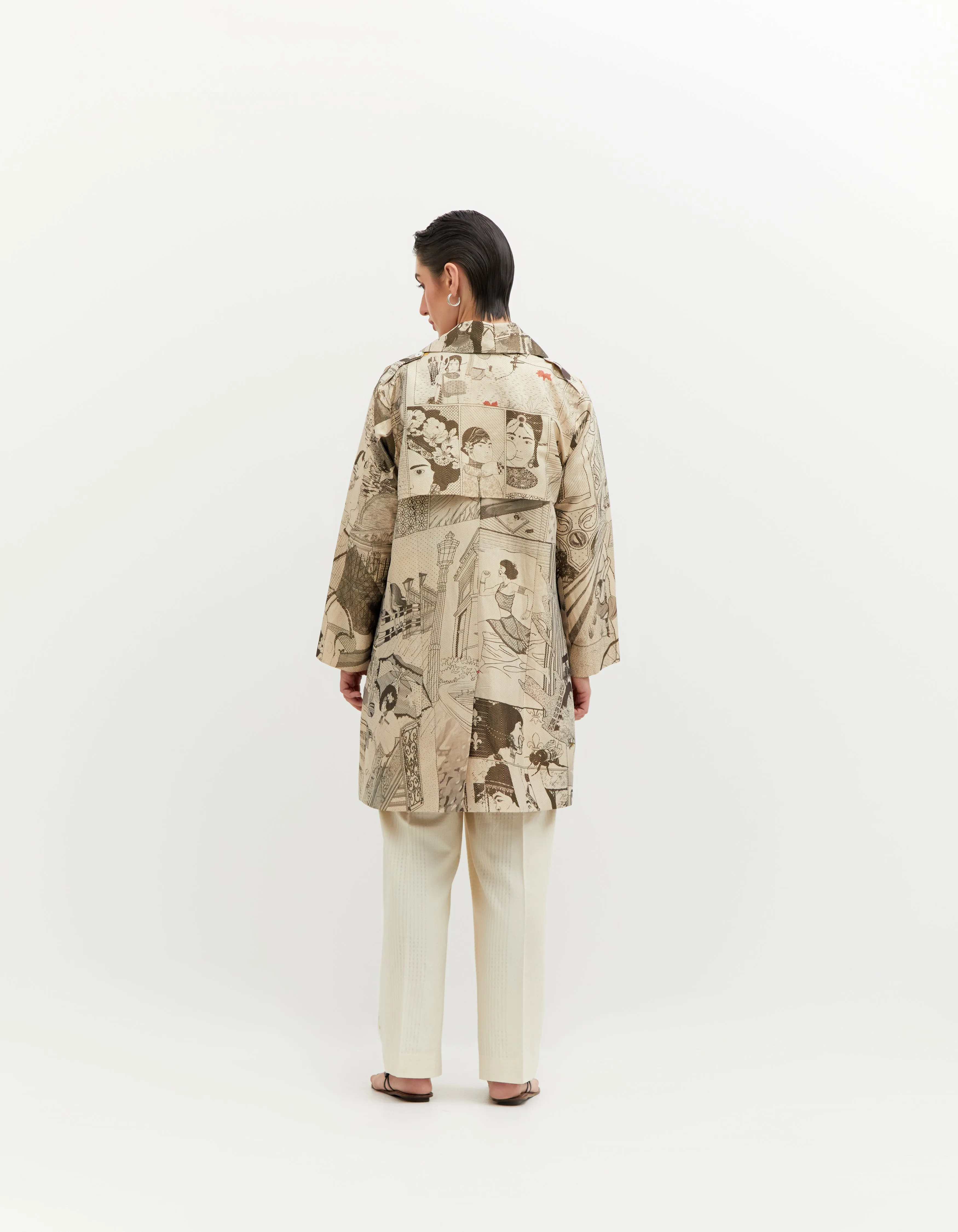 SD Leap Trench Coat Silk Brocade B/W
