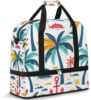 Sea Anchor Coconut Tree Travel Duffel Bag for Women Men Weekender Overnight Bag with Shoe Compartment Foldable Sports Gym Luggage Bag