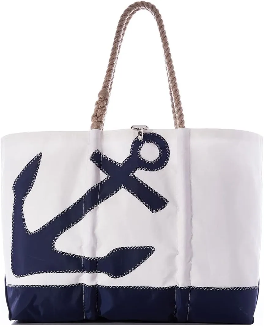 Sea Bags Recycled Sail Cloth Navy Anchor Beach Tote Water Resistant Boating Beach Bag, Large Travel Tote Interior and Exterior Pockets