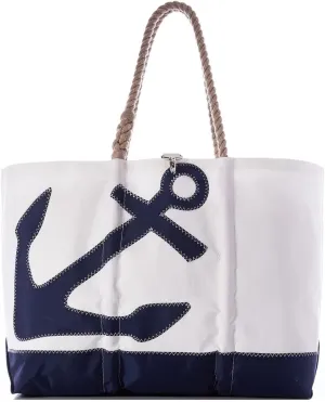 Sea Bags Recycled Sail Cloth Navy Anchor Beach Tote Water Resistant Boating Beach Bag, Large Travel Tote Interior and Exterior Pockets