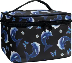 Sea Dolphins Large Makeup Bag Toiletry Bag for Women, Cartoon Dolphin Pattern Cosmetic Case Organizer Travel Essential, Black