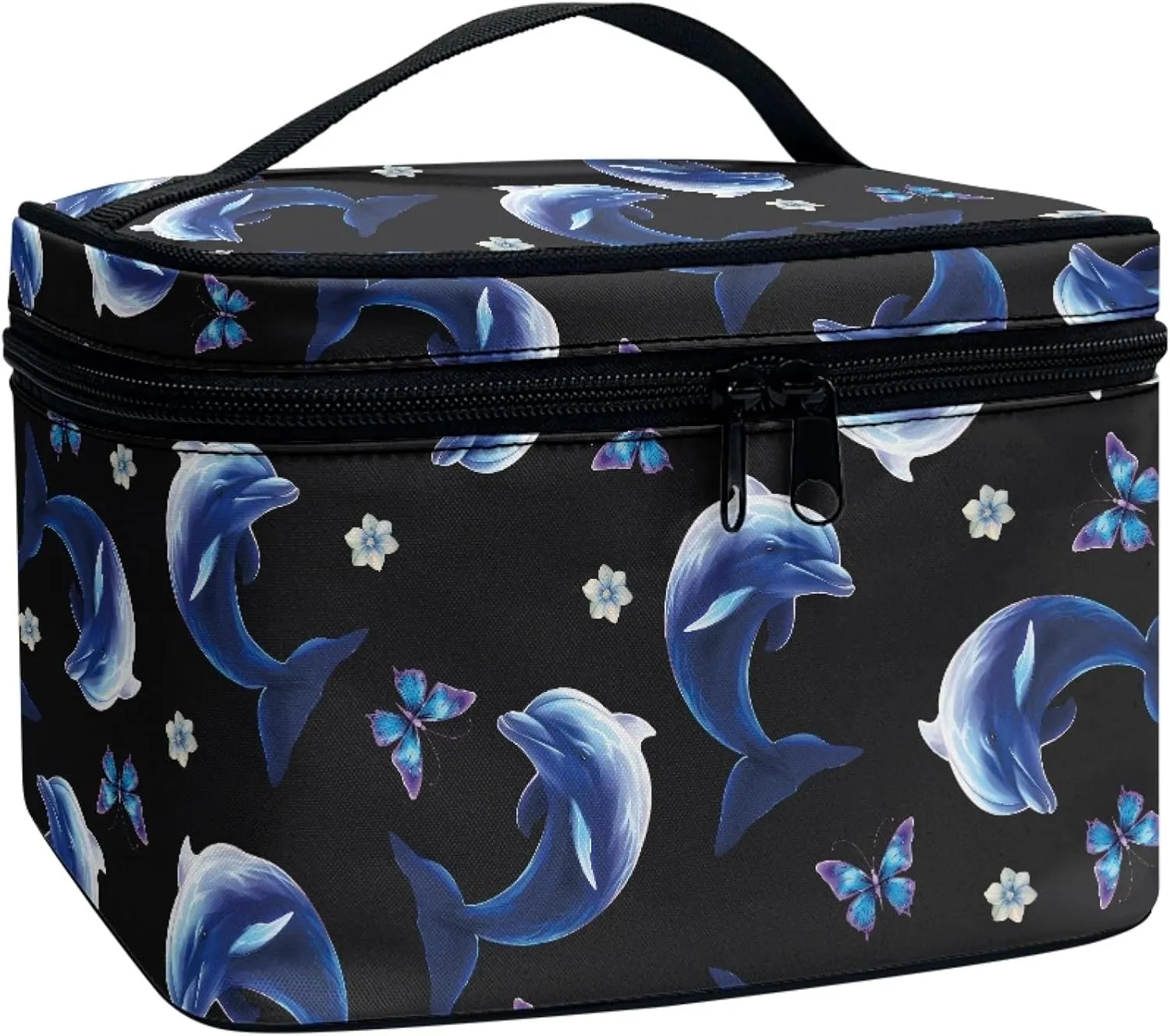 Sea Dolphins Large Makeup Bag Toiletry Bag for Women, Cartoon Dolphin Pattern Cosmetic Case Organizer Travel Essential, Black