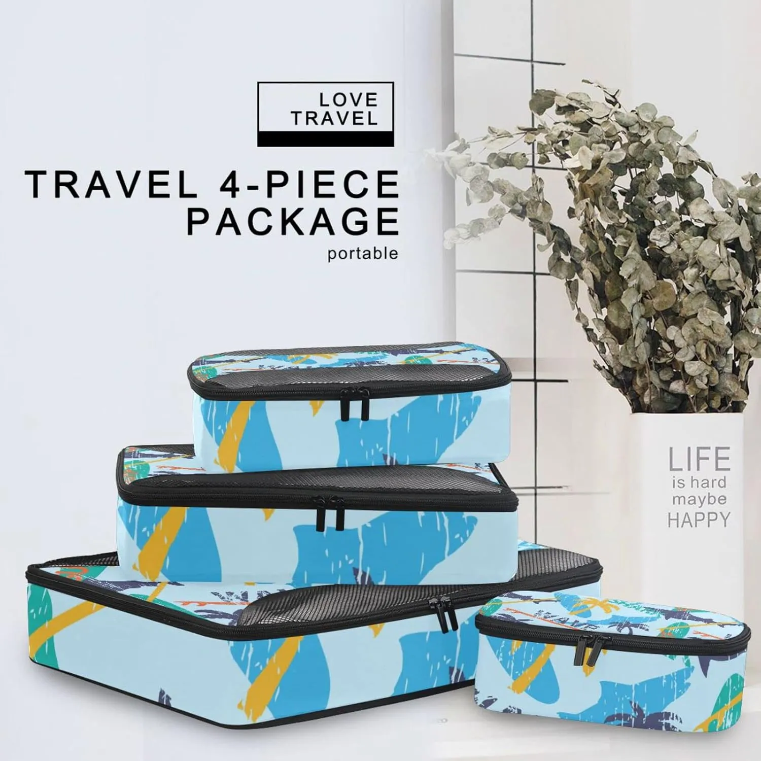 Seamless Bright Surfboards and Shark and Palm Trees on the Blue 4 PCs Set Packing Bags, Luggage Organizer Bag, Portable Cube Toiletry bag, Durable Travel Cosmetic Storage Bag for Men Women
