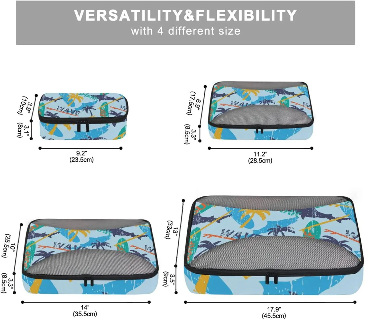 Seamless Bright Surfboards and Shark and Palm Trees on the Blue 4 PCs Set Packing Bags, Luggage Organizer Bag, Portable Cube Toiletry bag, Durable Travel Cosmetic Storage Bag for Men Women
