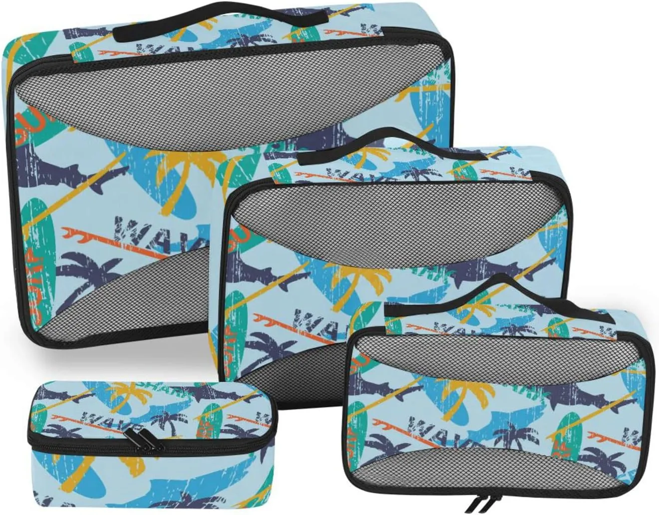 Seamless Bright Surfboards and Shark and Palm Trees on the Blue 4 PCs Set Packing Bags, Luggage Organizer Bag, Portable Cube Toiletry bag, Durable Travel Cosmetic Storage Bag for Men Women