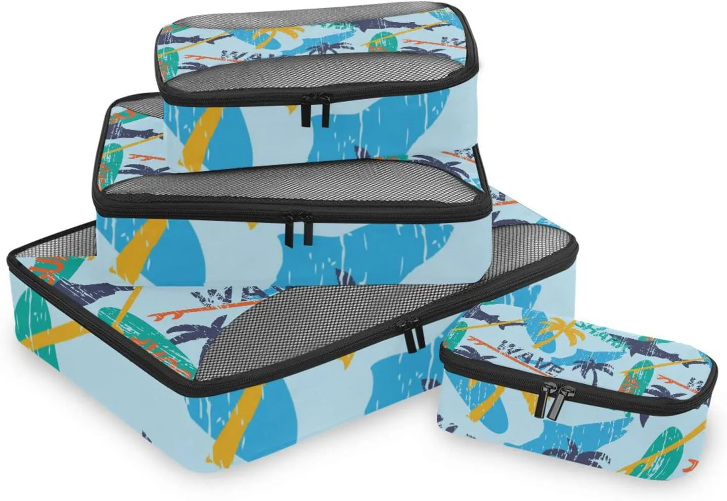 Seamless Bright Surfboards and Shark and Palm Trees on the Blue 4 PCs Set Packing Bags, Luggage Organizer Bag, Portable Cube Toiletry bag, Durable Travel Cosmetic Storage Bag for Men Women