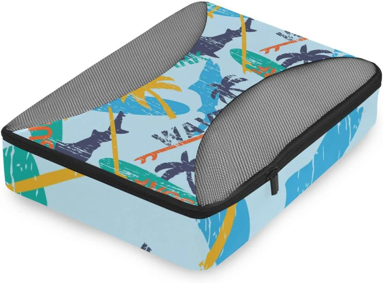 Seamless Bright Surfboards and Shark and Palm Trees on the Blue 4 PCs Set Packing Bags, Luggage Organizer Bag, Portable Cube Toiletry bag, Durable Travel Cosmetic Storage Bag for Men Women