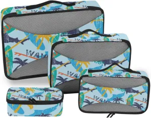 Seamless Bright Surfboards and Shark and Palm Trees on the Blue 4 PCs Set Packing Bags, Luggage Organizer Bag, Portable Cube Toiletry bag, Durable Travel Cosmetic Storage Bag for Men Women