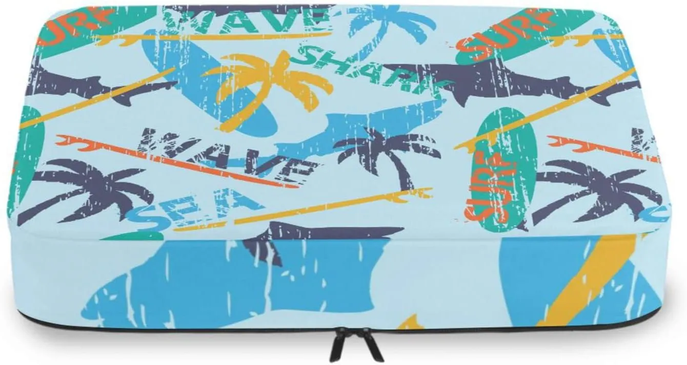 Seamless Bright Surfboards and Shark and Palm Trees on the Blue 4 PCs Set Packing Bags, Luggage Organizer Bag, Portable Cube Toiletry bag, Durable Travel Cosmetic Storage Bag for Men Women