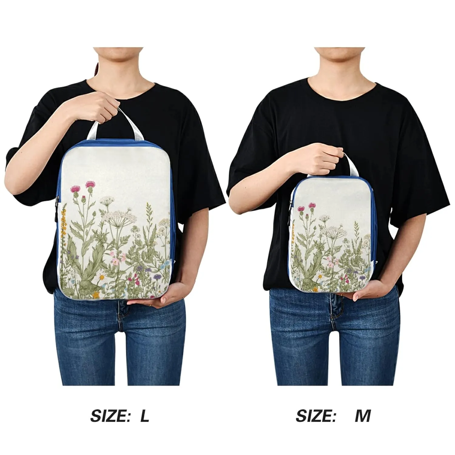 Seamless Floral Herbs and Wildflowers Botanical Pattern 3 Piece set Cubes Expandable Adjustable Luggage Packing Bags, Ultralight Organizer Accessories Travel Suitcase Compressible Bags