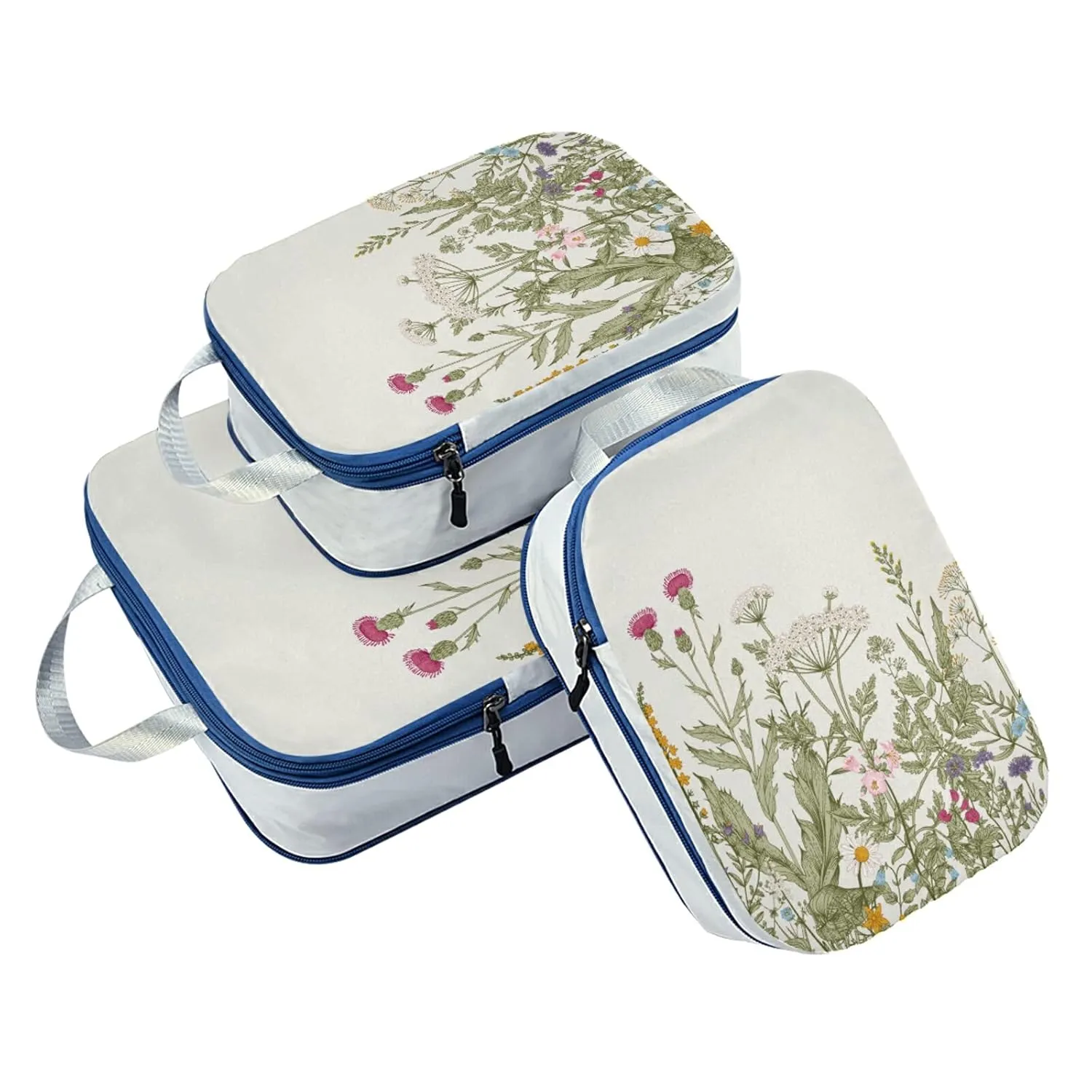 Seamless Floral Herbs and Wildflowers Botanical Pattern 3 Piece set Cubes Expandable Adjustable Luggage Packing Bags, Ultralight Organizer Accessories Travel Suitcase Compressible Bags