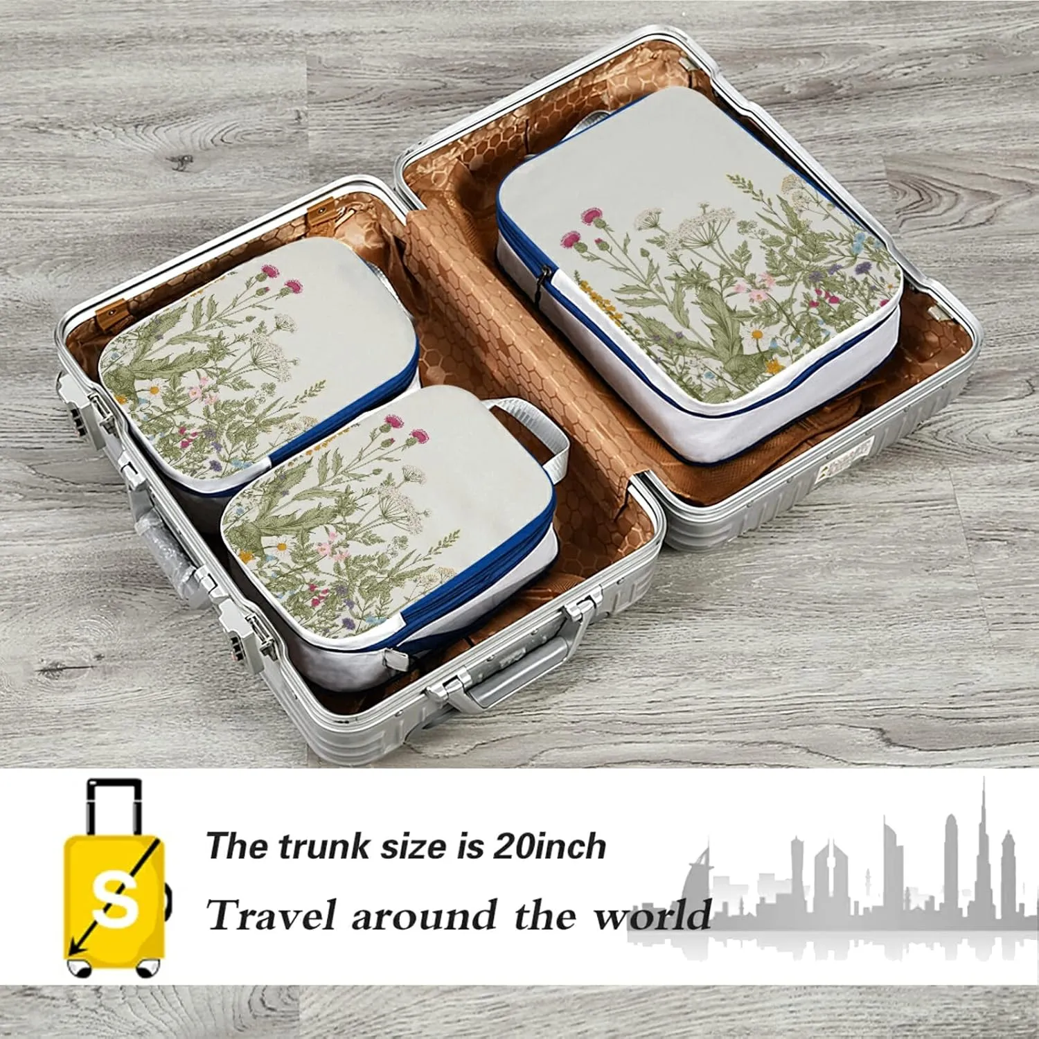 Seamless Floral Herbs and Wildflowers Botanical Pattern 3 Piece set Cubes Expandable Adjustable Luggage Packing Bags, Ultralight Organizer Accessories Travel Suitcase Compressible Bags