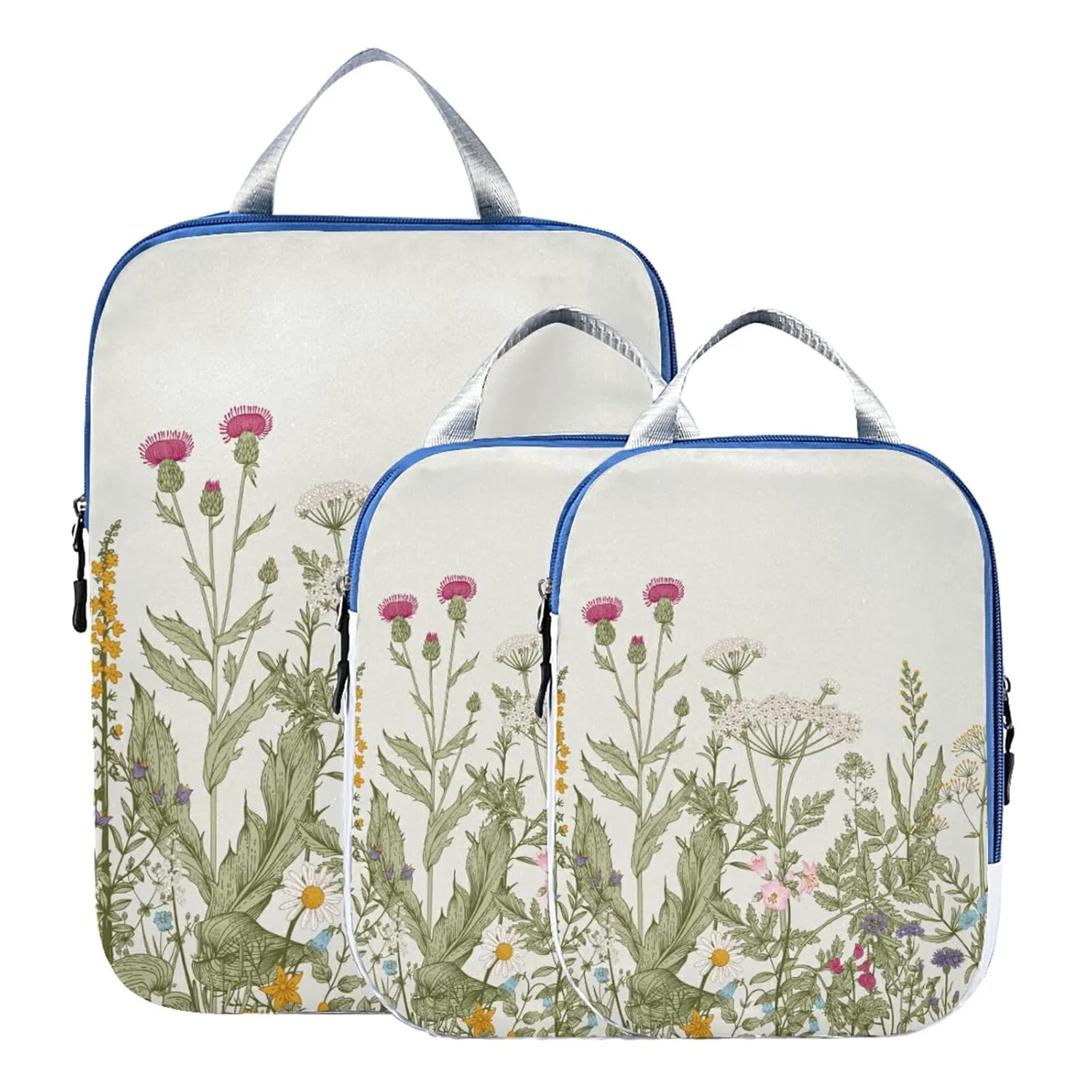 Seamless Floral Herbs and Wildflowers Botanical Pattern 3 Piece set Cubes Expandable Adjustable Luggage Packing Bags, Ultralight Organizer Accessories Travel Suitcase Compressible Bags