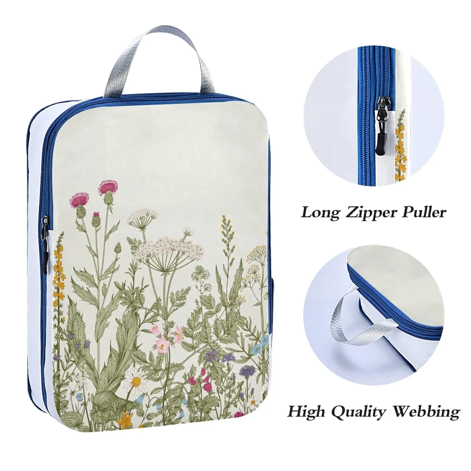 Seamless Floral Herbs and Wildflowers Botanical Pattern 3 Piece set Cubes Expandable Adjustable Luggage Packing Bags, Ultralight Organizer Accessories Travel Suitcase Compressible Bags