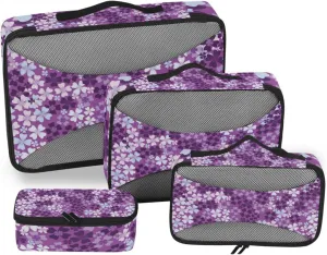 Seamless Pattern of Purple White Lilac Flowers Floral Pattern 4 PCs Set Packing Bags, Luggage Organizer Bag, Portable Cube Toiletry bag, Durable Travel Cosmetic Storage Bag for Men Women