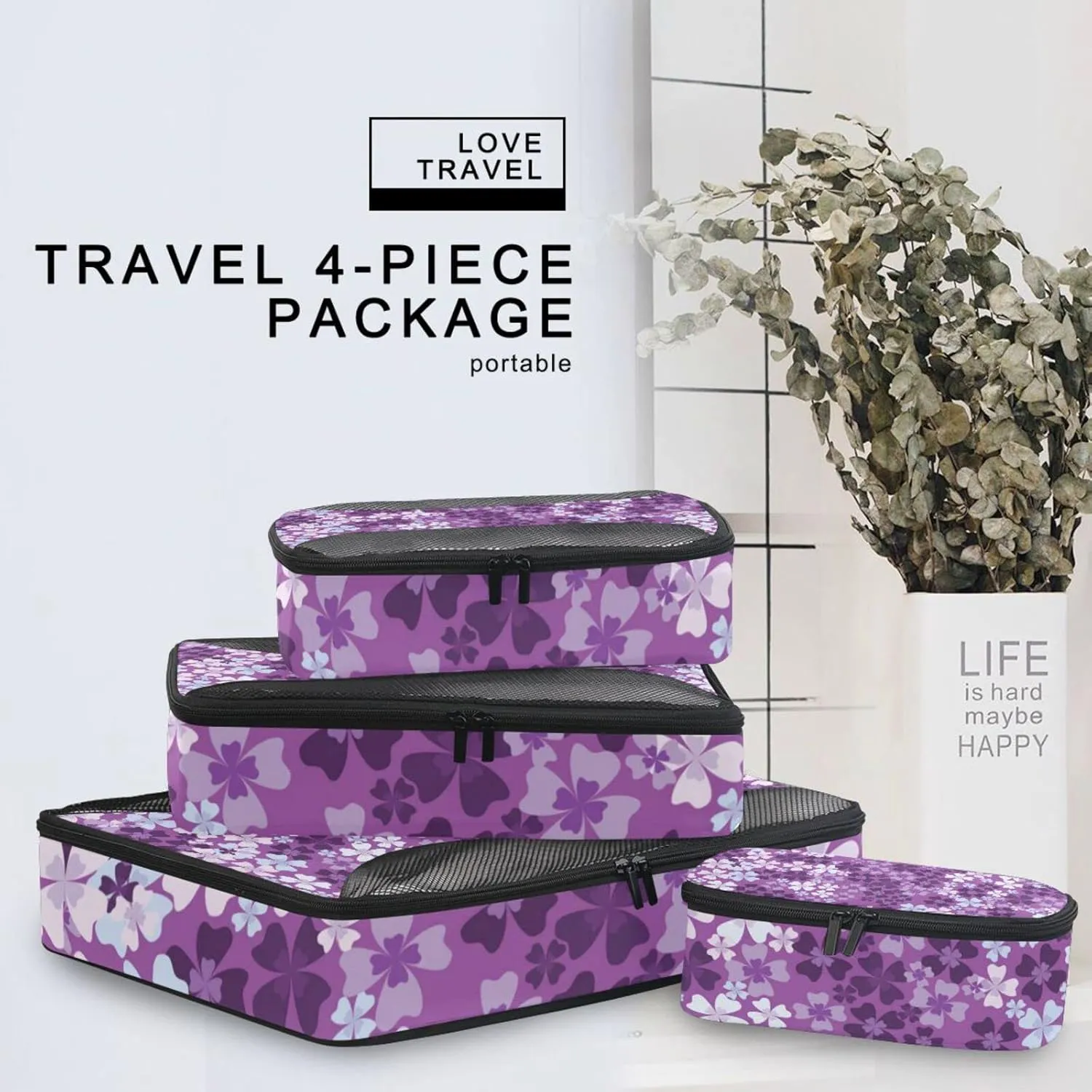 Seamless Pattern of Purple White Lilac Flowers Floral Pattern 4 PCs Set Packing Bags, Luggage Organizer Bag, Portable Cube Toiletry bag, Durable Travel Cosmetic Storage Bag for Men Women