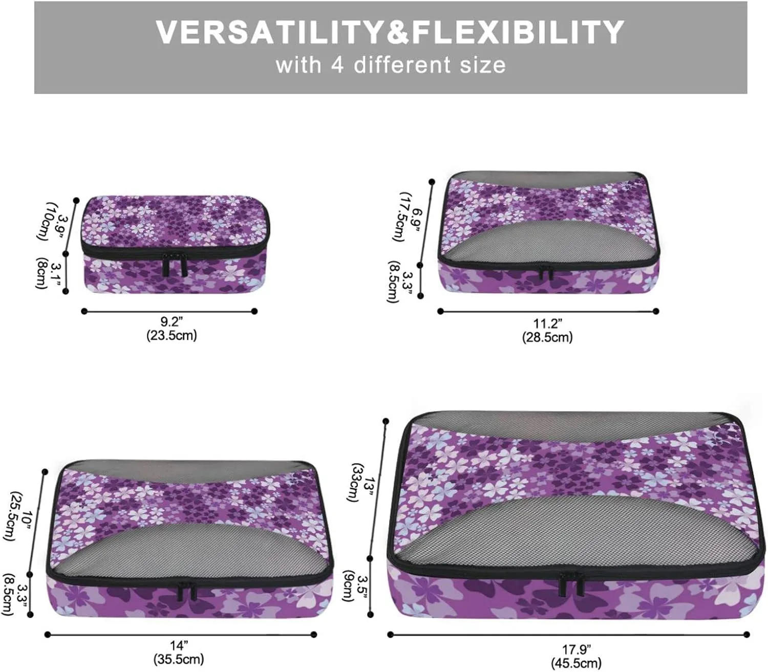 Seamless Pattern of Purple White Lilac Flowers Floral Pattern 4 PCs Set Packing Bags, Luggage Organizer Bag, Portable Cube Toiletry bag, Durable Travel Cosmetic Storage Bag for Men Women