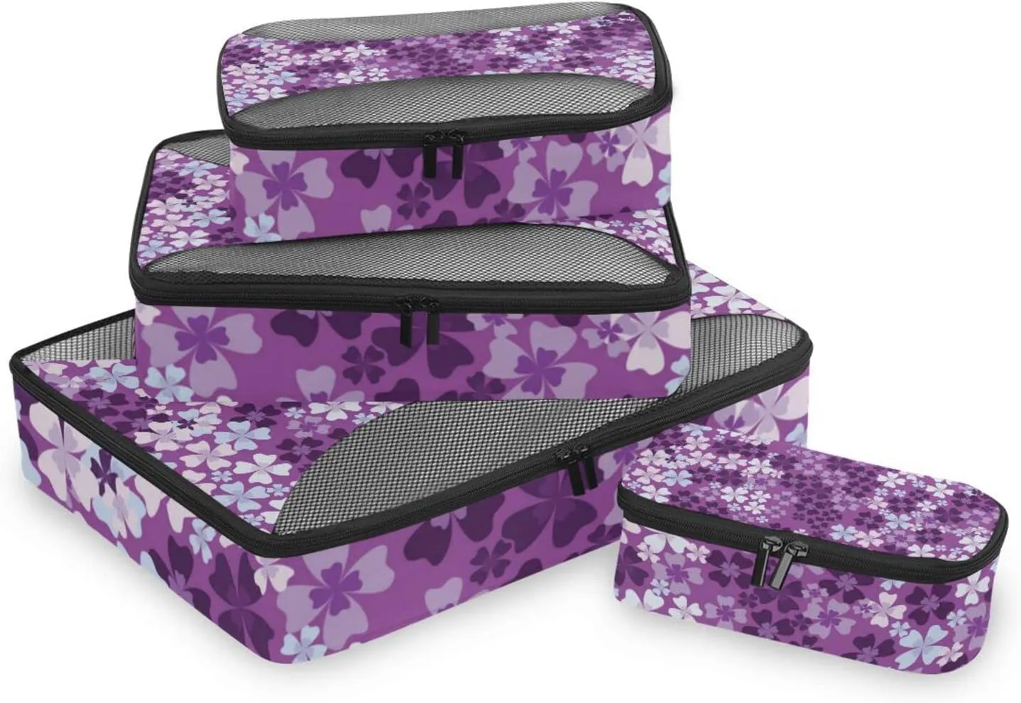 Seamless Pattern of Purple White Lilac Flowers Floral Pattern 4 PCs Set Packing Bags, Luggage Organizer Bag, Portable Cube Toiletry bag, Durable Travel Cosmetic Storage Bag for Men Women