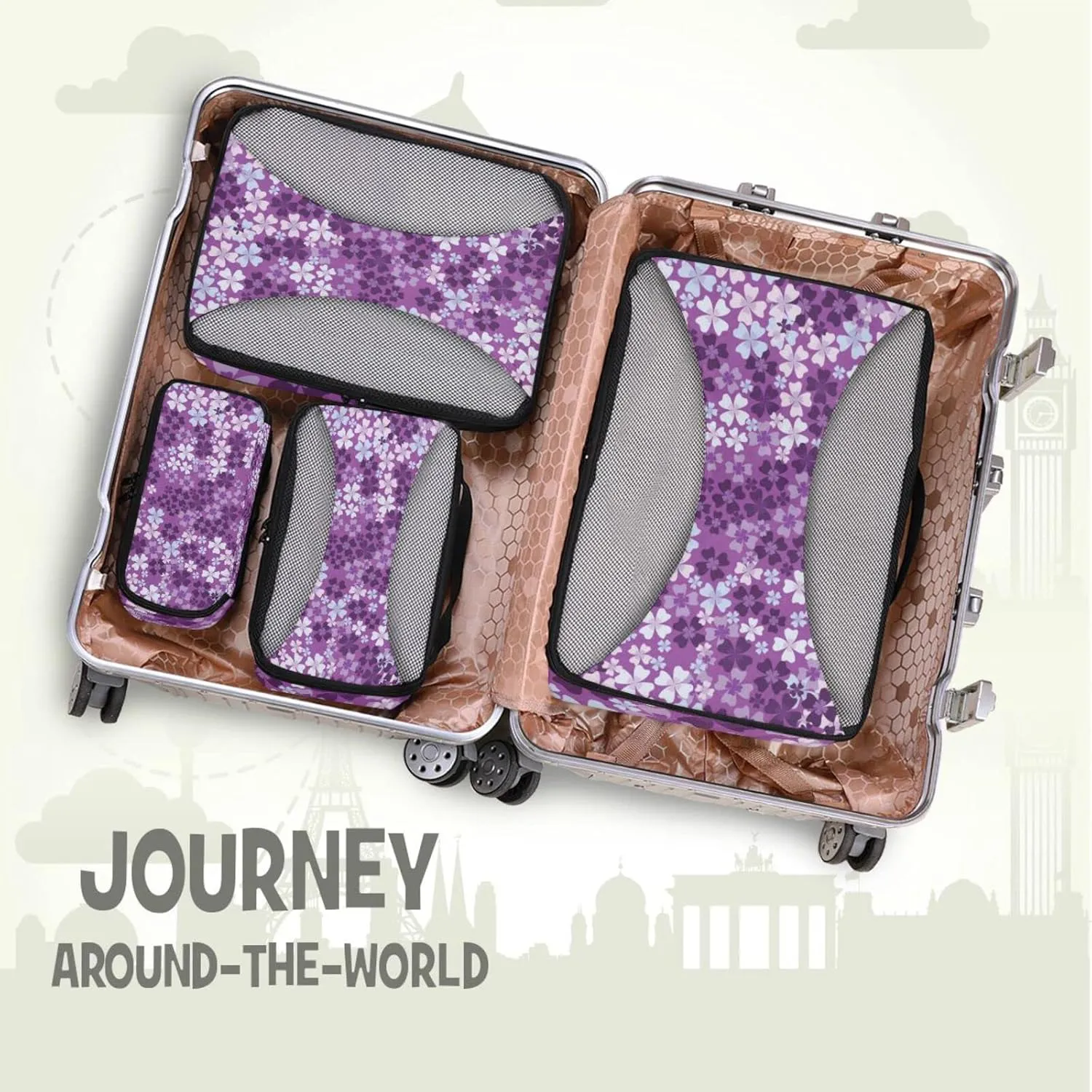 Seamless Pattern of Purple White Lilac Flowers Floral Pattern 4 PCs Set Packing Bags, Luggage Organizer Bag, Portable Cube Toiletry bag, Durable Travel Cosmetic Storage Bag for Men Women