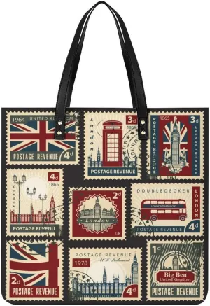 Seamless Pattern with Postage Stamps Theme Women Tote Bags Top Handle Satchel Handbags PU Faux Leather Tassel Shoulder Purse