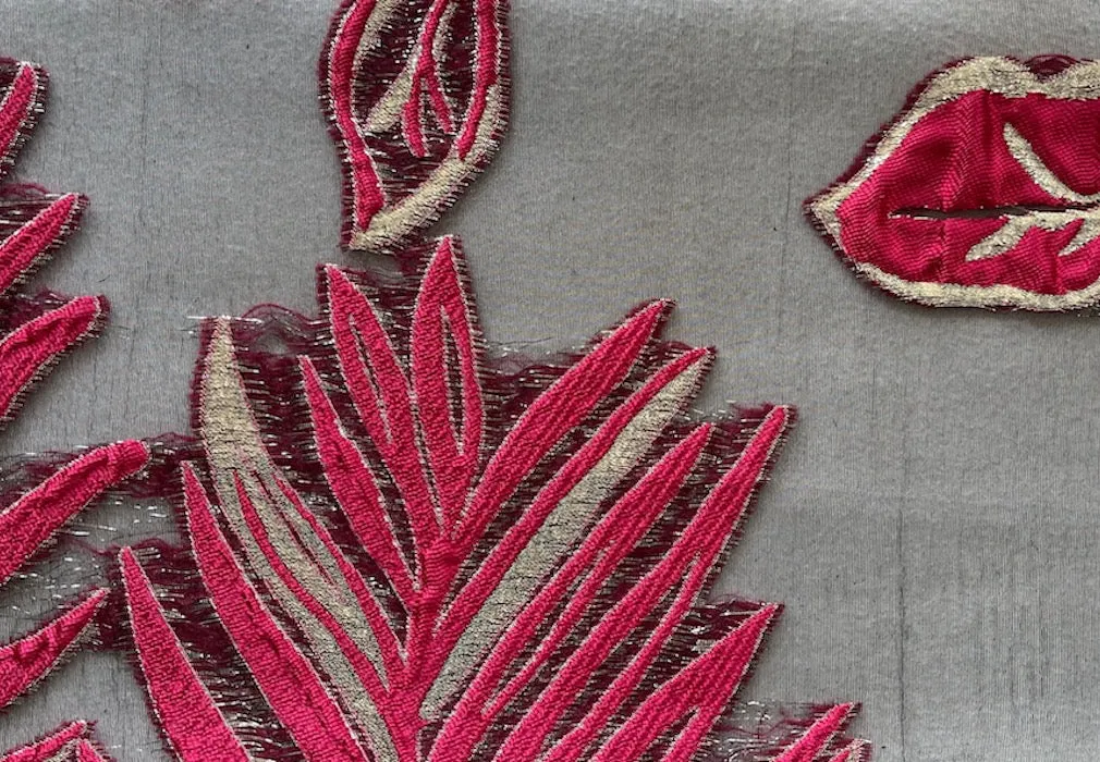 Semi-Sheer Metallic Raspberry & Silver Flower Buds on Coal Black Cloqué Polyester Organza Brocade (Made in Italy)