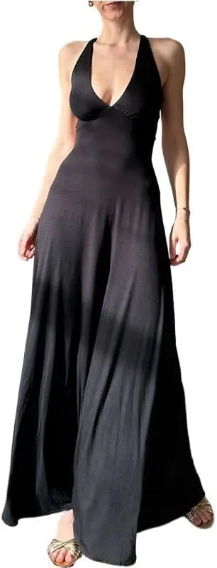 Sexy Celebrity V-Neck Slim Swing Skirt 2024 New Ins Royal Sister Temperament Backless Dress for Women (Color : Black, Size : Small)