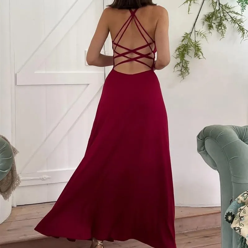 Sexy Celebrity V-Neck Slim Swing Skirt 2024 New Ins Royal Sister Temperament Backless Dress for Women (Color : Black, Size : Small)
