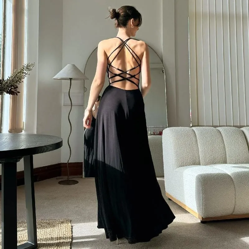 Sexy Celebrity V-Neck Slim Swing Skirt 2024 New Ins Royal Sister Temperament Backless Dress for Women (Color : Black, Size : Small)
