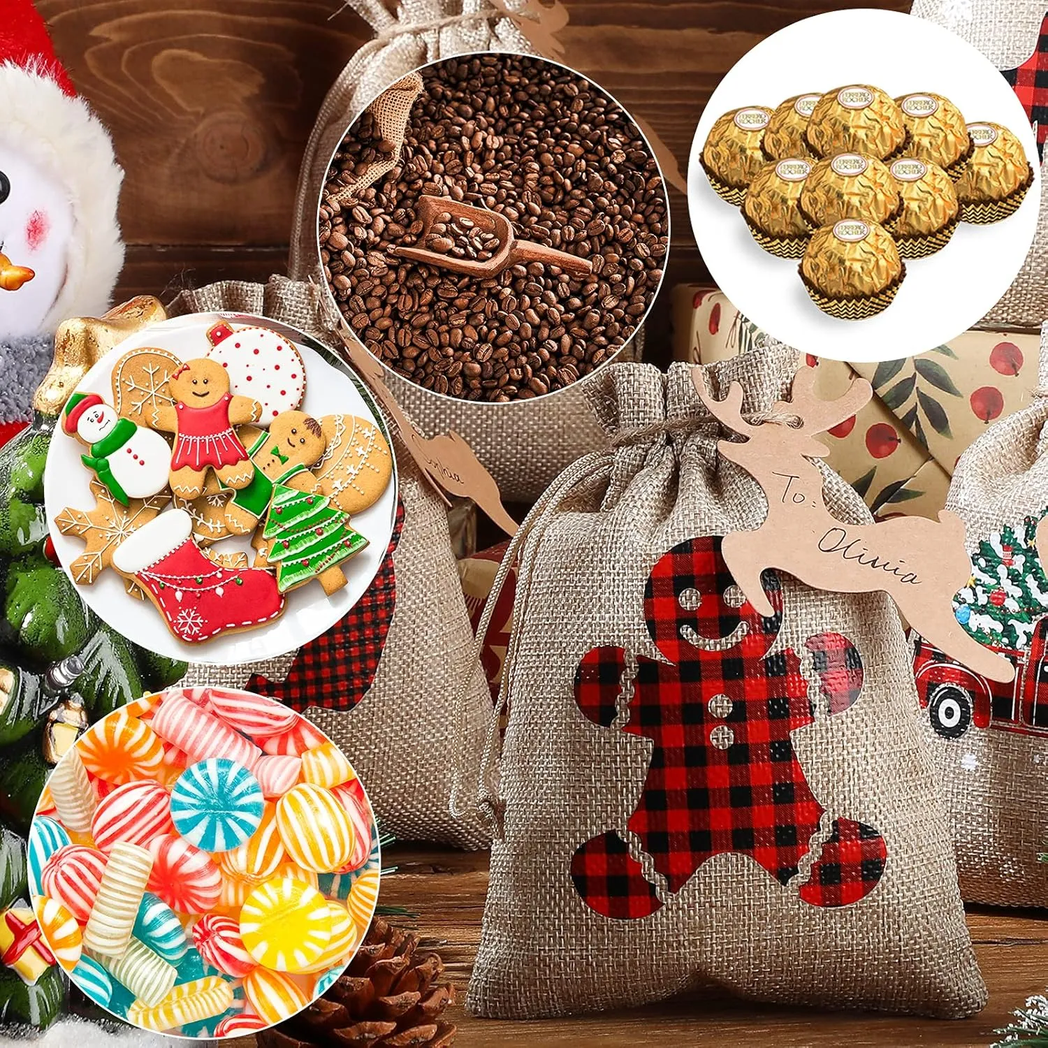 Shappy 24 Pcs Christmas Burlap Gift Bags, Small Treat Goody Bags with Drawstrings for Christmas, Featuring 12 Designs for Xmas and New Year Party Favors and Supplies(Rustic Style,7 x 5 Inch)
