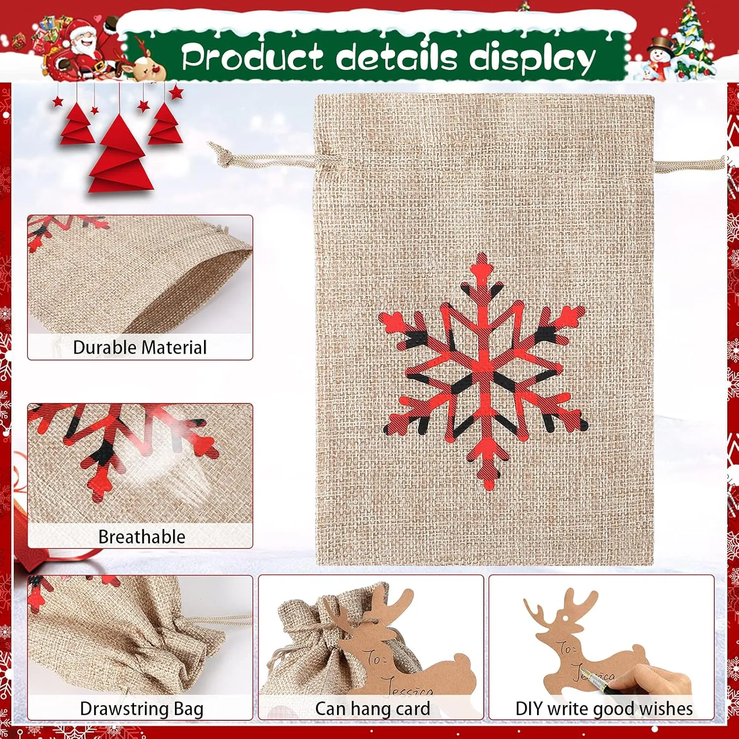 Shappy 24 Pcs Christmas Burlap Gift Bags, Small Treat Goody Bags with Drawstrings for Christmas, Featuring 12 Designs for Xmas and New Year Party Favors and Supplies(Rustic Style,7 x 5 Inch)