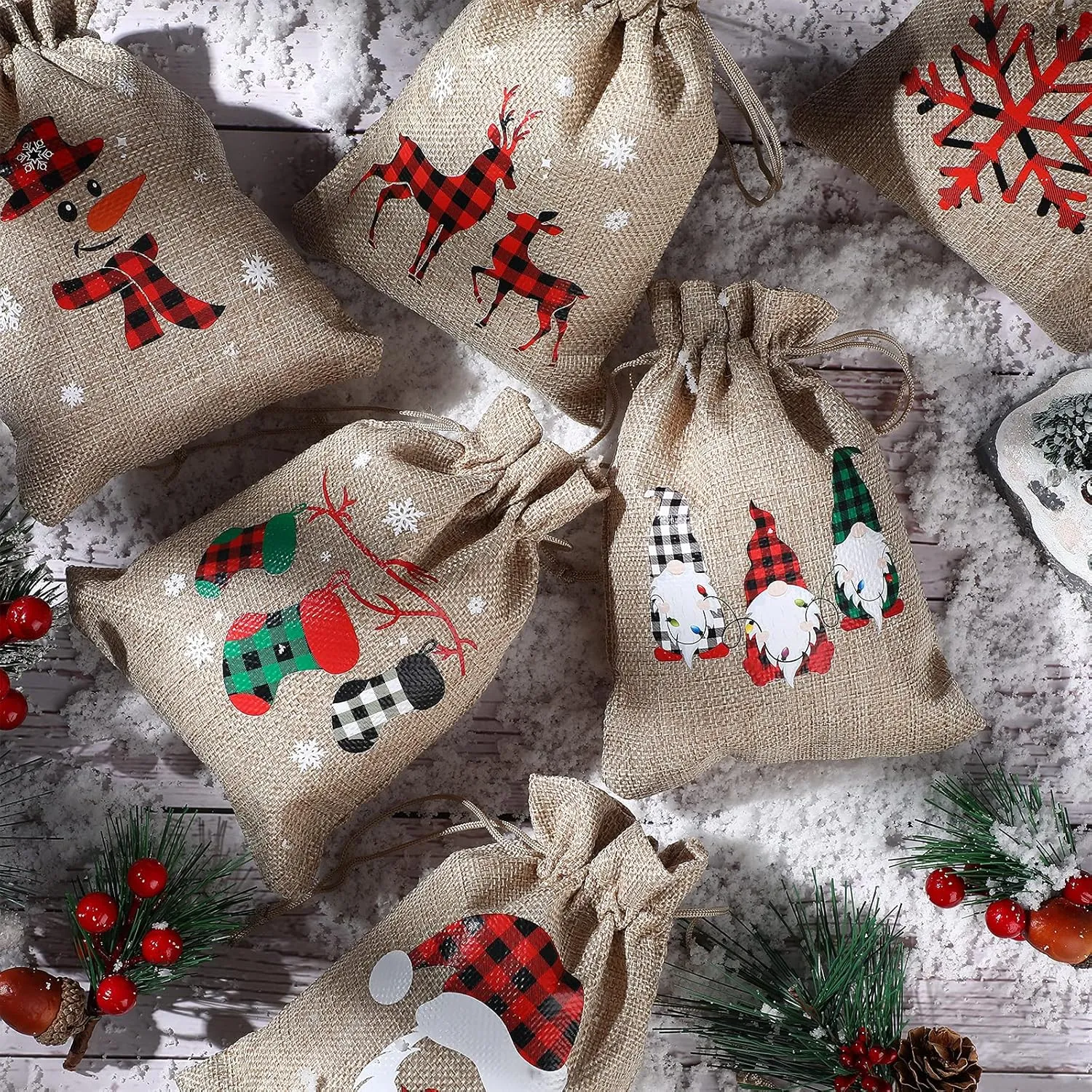 Shappy 24 Pcs Christmas Burlap Gift Bags, Small Treat Goody Bags with Drawstrings for Christmas, Featuring 12 Designs for Xmas and New Year Party Favors and Supplies(Rustic Style,7 x 5 Inch)