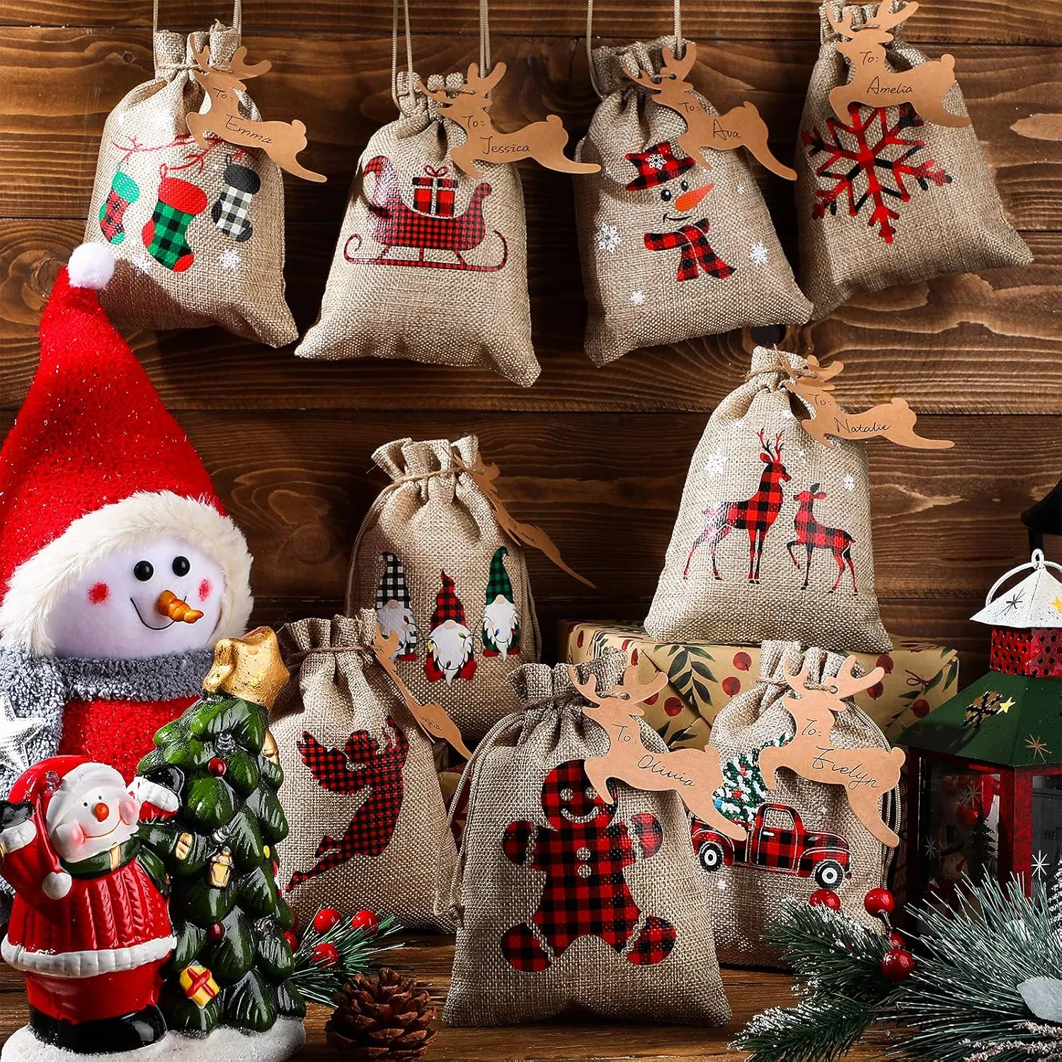 Shappy 24 Pcs Christmas Burlap Gift Bags, Small Treat Goody Bags with Drawstrings for Christmas, Featuring 12 Designs for Xmas and New Year Party Favors and Supplies(Rustic Style,7 x 5 Inch)