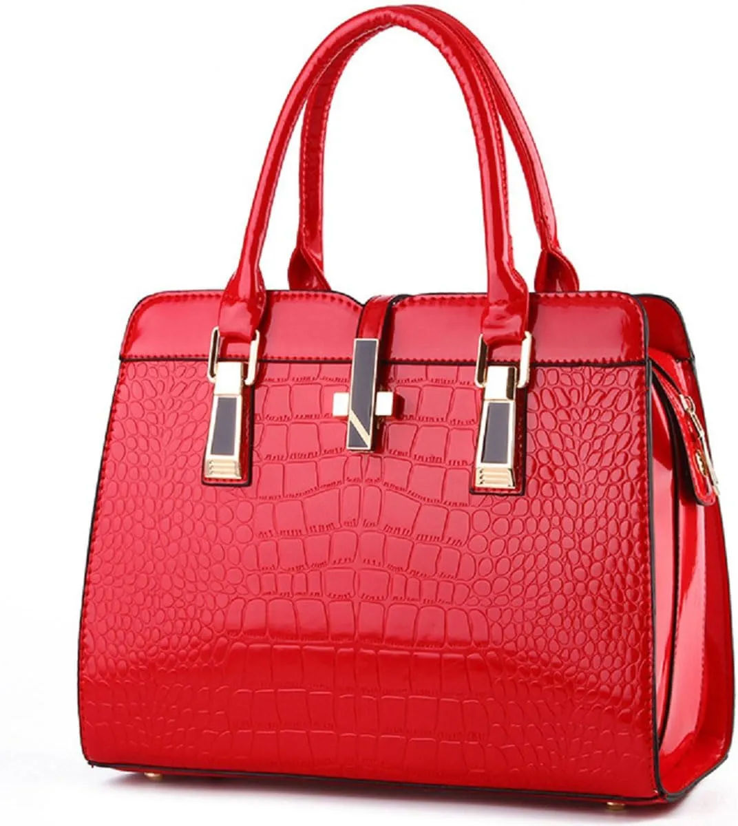 Shiny Patent Leather Handbag for Women Purse Crocodile Pattern Top-Handle Satchel Ladies Shoulder Bag Tote