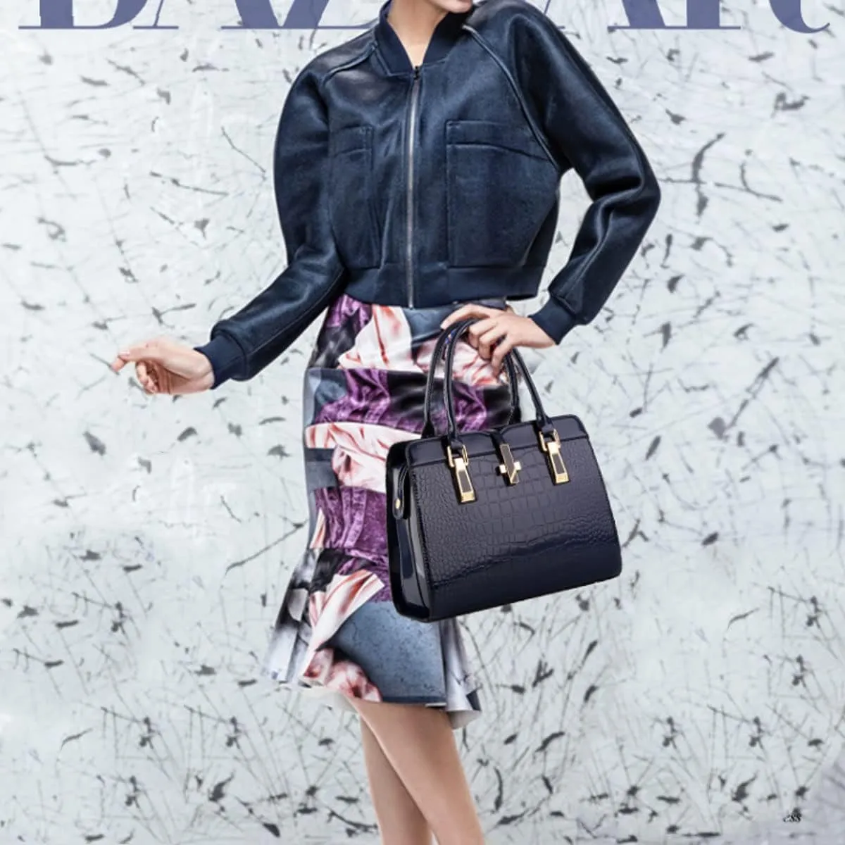 Shiny Patent Leather Handbag for Women Purse Crocodile Pattern Top-Handle Satchel Ladies Shoulder Bag Tote