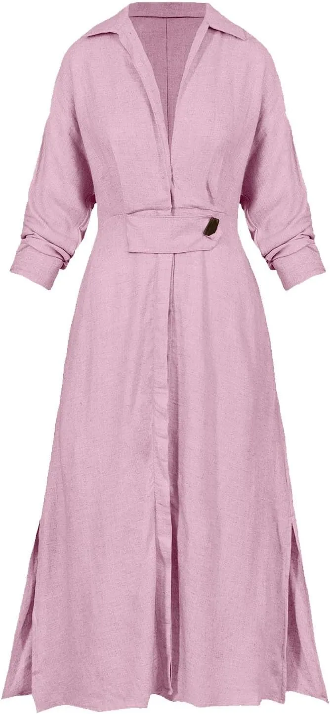 Shirt Dress for Women Lapel Collar Loose Cotton Linen Long Sleeve Cardigan Dresses Slim Fit High Waist Dress