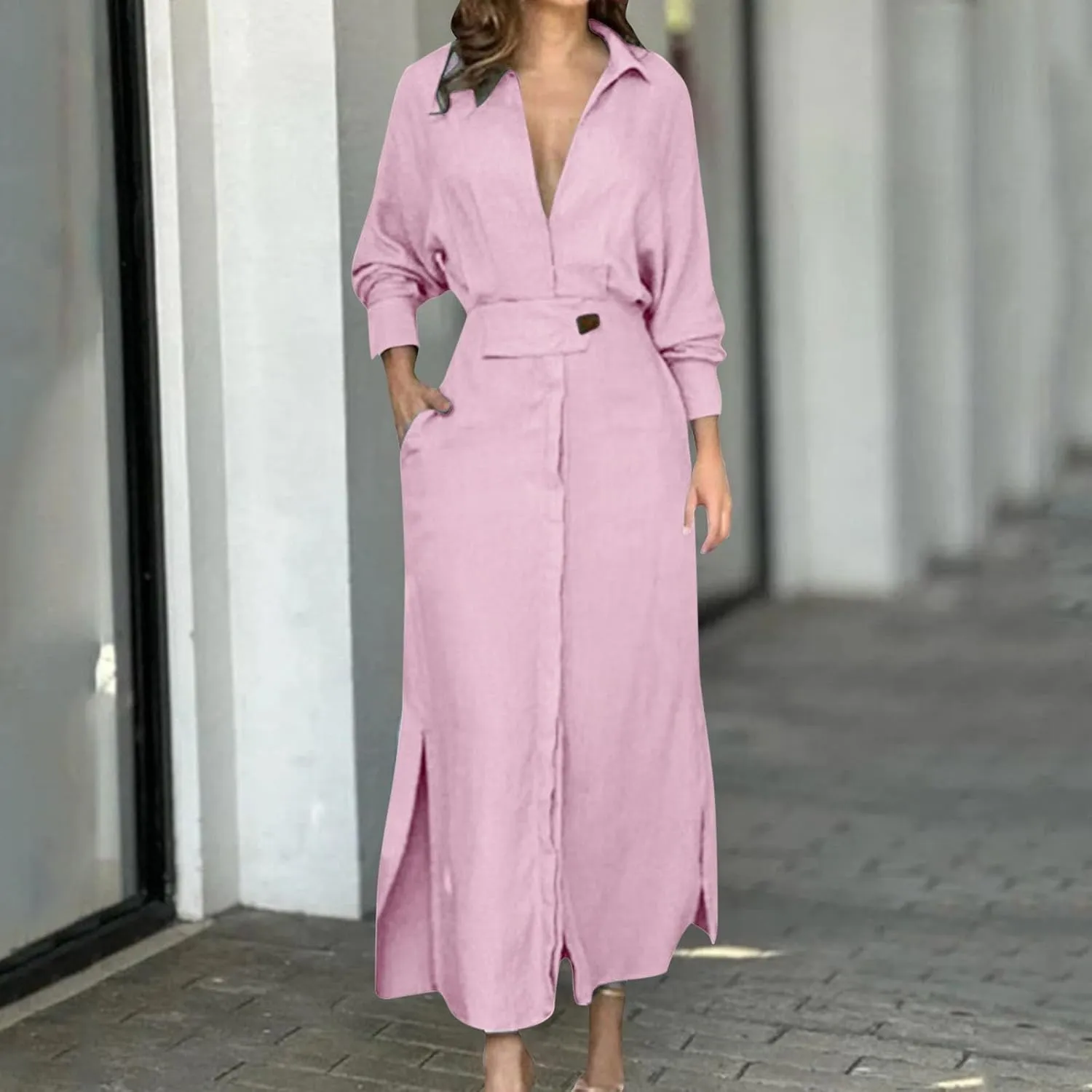 Shirt Dress for Women Lapel Collar Loose Cotton Linen Long Sleeve Cardigan Dresses Slim Fit High Waist Dress