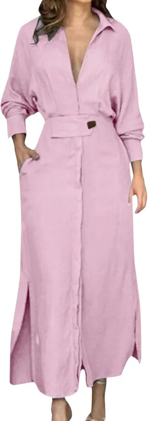 Shirt Dress for Women Lapel Collar Loose Cotton Linen Long Sleeve Cardigan Dresses Slim Fit High Waist Dress