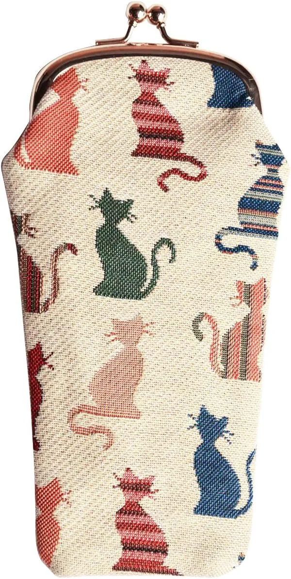 Signare Tapestry Glasses Case for Women Eyeglass Pouch With Cheeky Cat White and Red Design (GPCH-CHEKY)