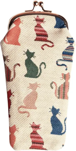 Signare Tapestry Glasses Case for Women Eyeglass Pouch With Cheeky Cat White and Red Design (GPCH-CHEKY)