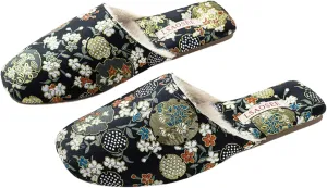 Silk Embroidered Slippers for Women Retro Brocade Upper Fuzzy Linen insole Soft TPR Anti-Slip Soles Indoor Slippers