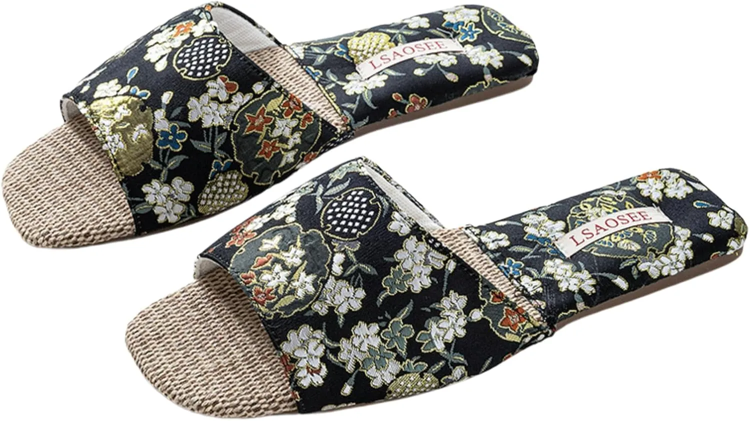 Silk Embroidered Slippers for Women Retro Brocade Upper Fuzzy Linen insole Soft TPR Anti-Slip Soles Indoor Slippers