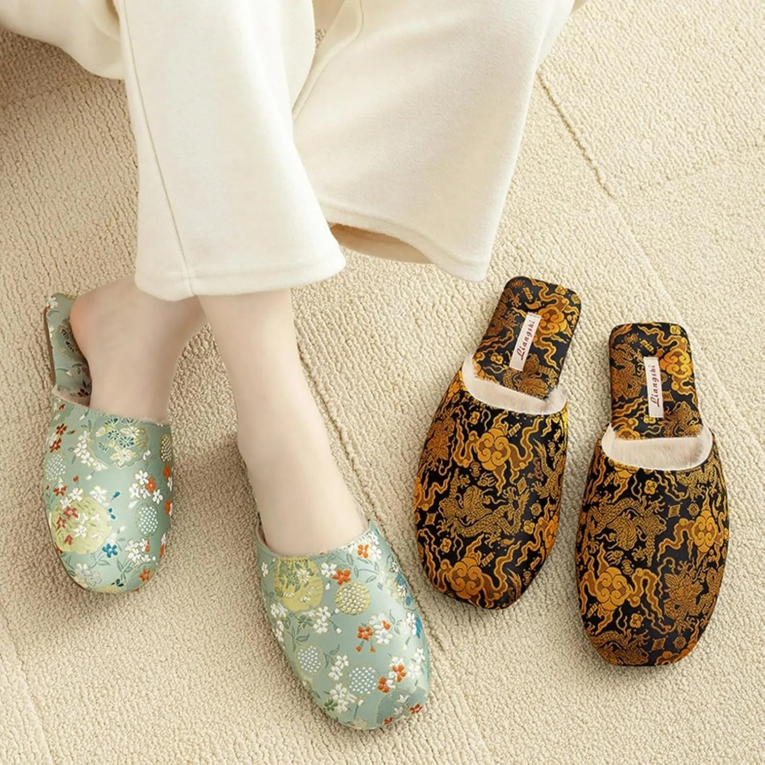 Silk Embroidered Slippers for Women Retro Brocade Upper Fuzzy Linen insole Soft TPR Anti-Slip Soles Indoor Slippers