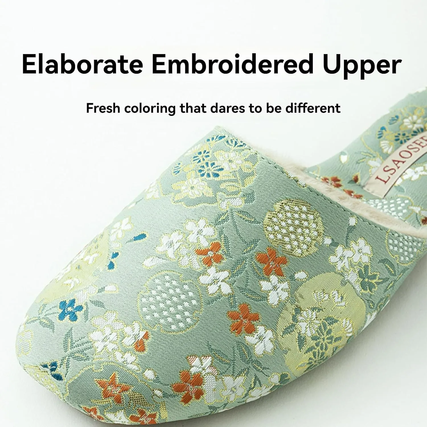 Silk Embroidered Slippers for Women Retro Brocade Upper Fuzzy Linen insole Soft TPR Anti-Slip Soles Indoor Slippers