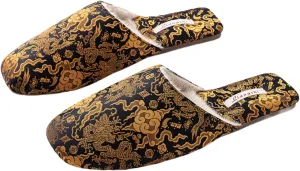 Silk Embroidered Slippers for Women Retro Brocade Upper Fuzzy Linen insole Soft TPR Anti-Slip Soles Indoor Slippers