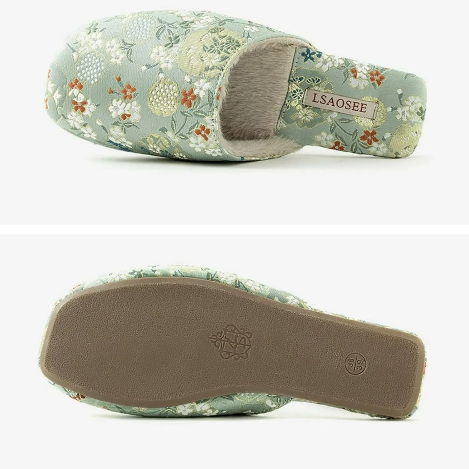 Silk Embroidered Slippers for Women Retro Brocade Upper Fuzzy Linen insole Soft TPR Anti-Slip Soles Indoor Slippers