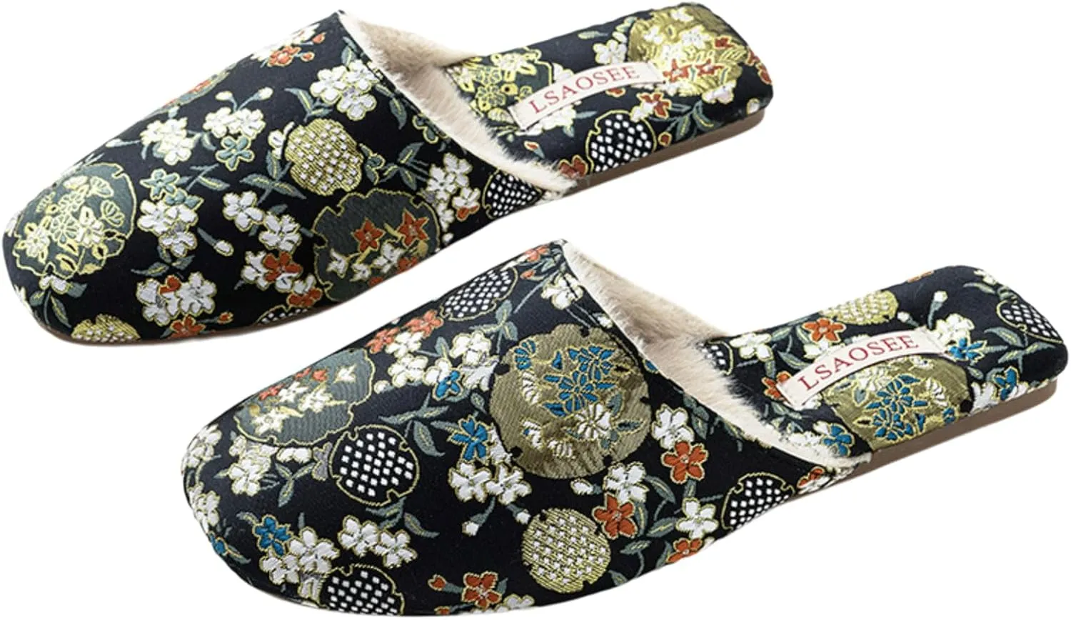 Silk Embroidered Slippers for Women Retro Brocade Upper Fuzzy Linen insole Soft TPR Anti-Slip Soles Indoor Slippers