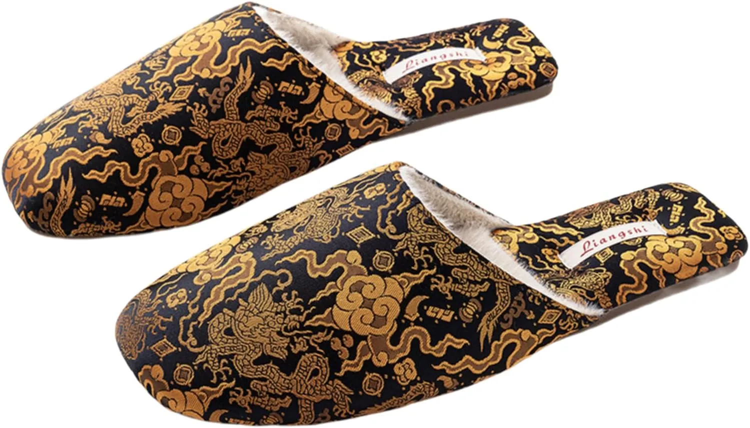 Silk Embroidered Slippers for Women Retro Brocade Upper Fuzzy Linen insole Soft TPR Anti-Slip Soles Indoor Slippers