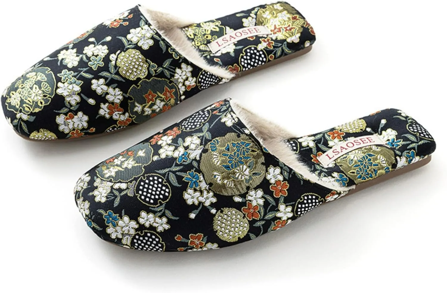 Silk Embroidered Slippers for Women Retro Brocade Upper Fuzzy Linen insole Soft TPR Anti-Slip Soles Indoor Slippers