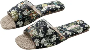 Silk Embroidered Slippers for Women Retro Brocade Upper Fuzzy Linen insole Soft TPR Anti-Slip Soles Indoor Slippers