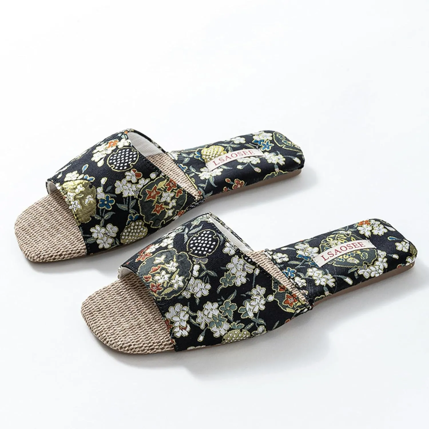 Silk Embroidered Slippers for Women Retro Brocade Upper Fuzzy Linen insole Soft TPR Anti-Slip Soles Indoor Slippers